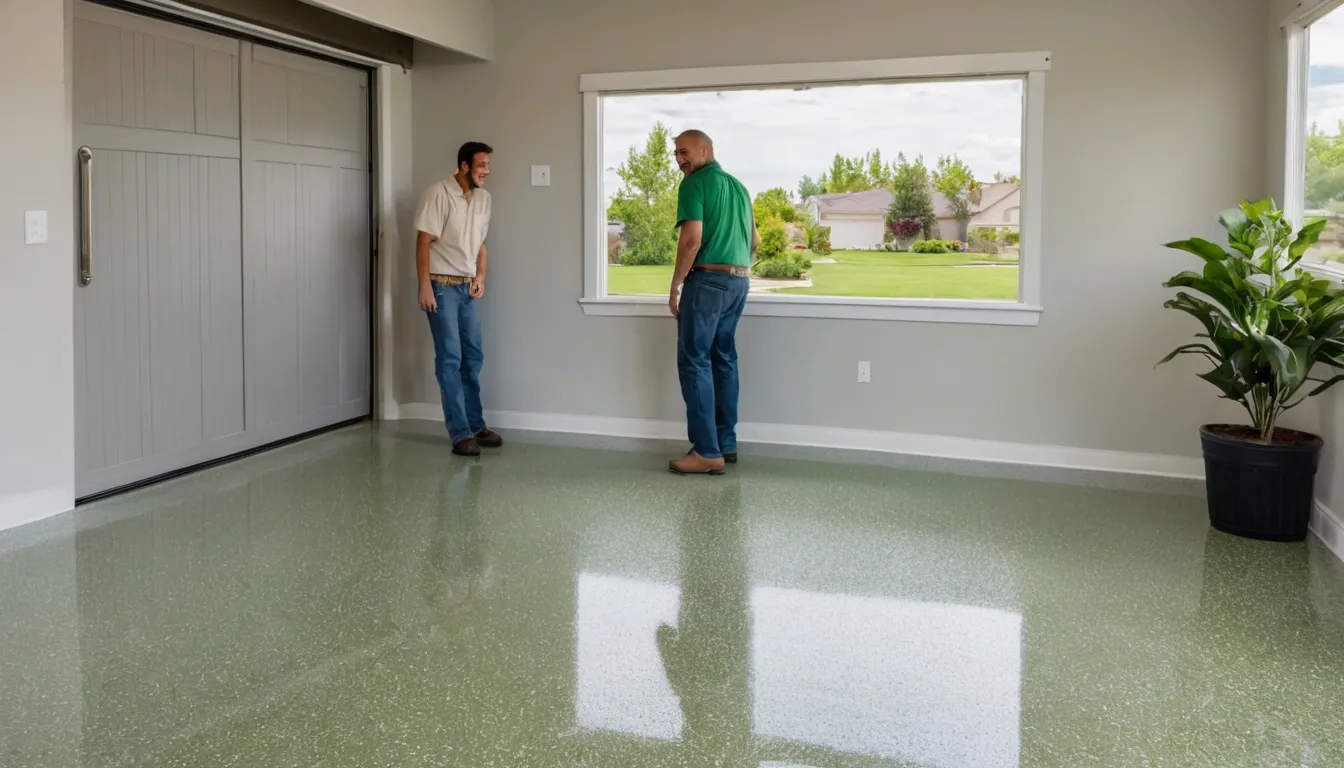Freshly coated flake epoxy garage floor in a Wildwood home with a homeowner and a local provider reviewing the finish